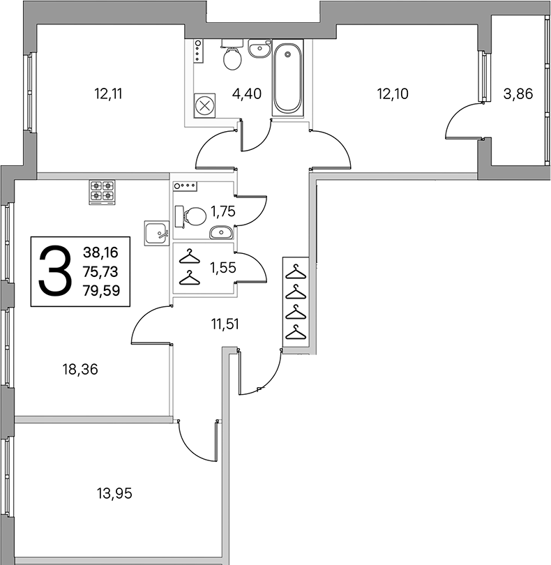 3-комнатная квартира 77.66 м², 1/4 эт., ЖК «Любоград в Стрельне»